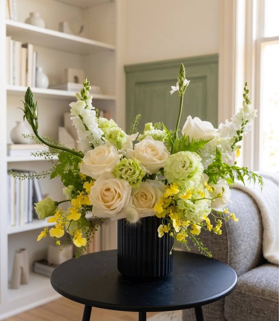 優雅晨光白玫瑰綠意盆花