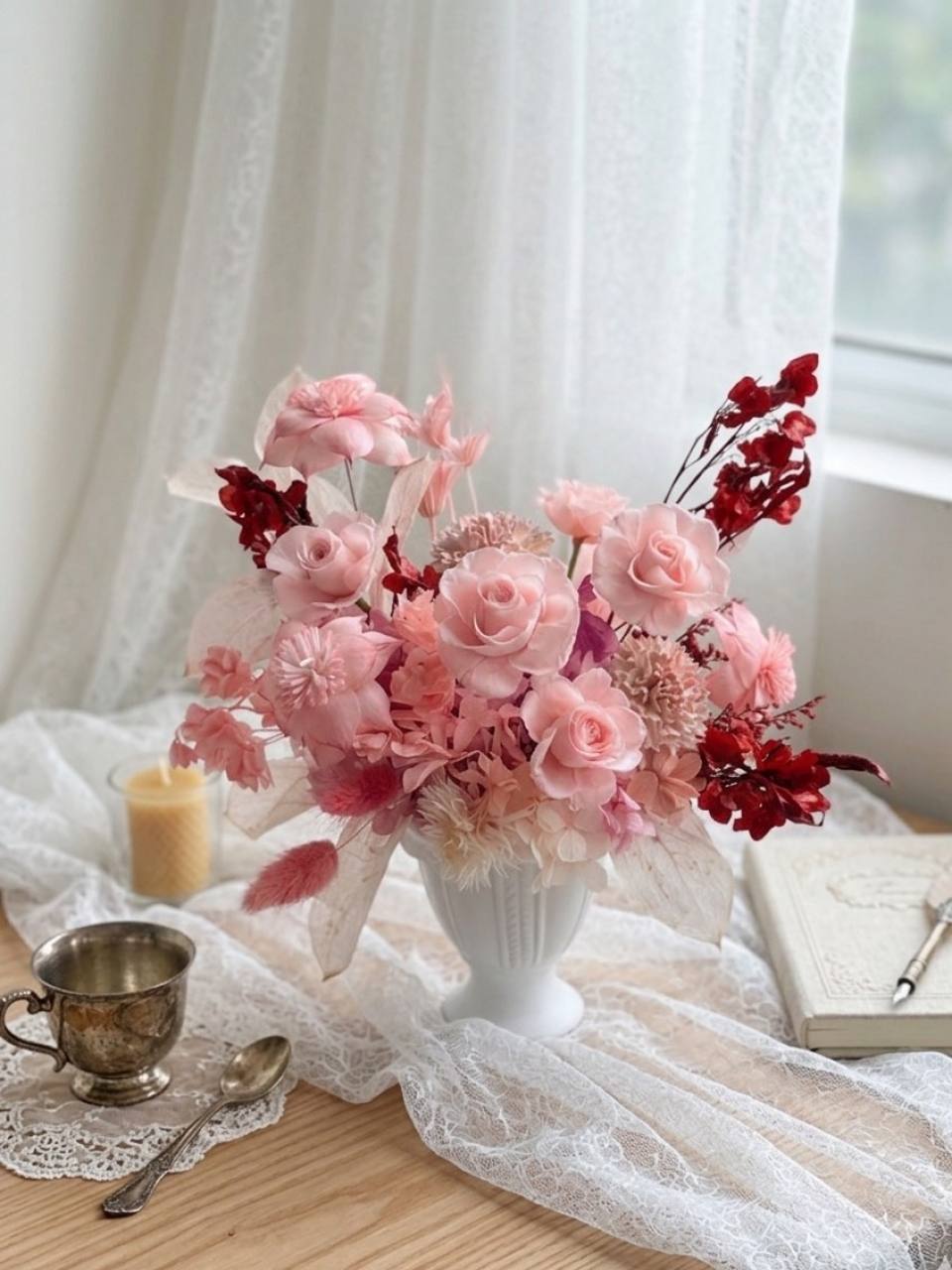 浪漫粉色永生花藝術桌花-實拍圖片