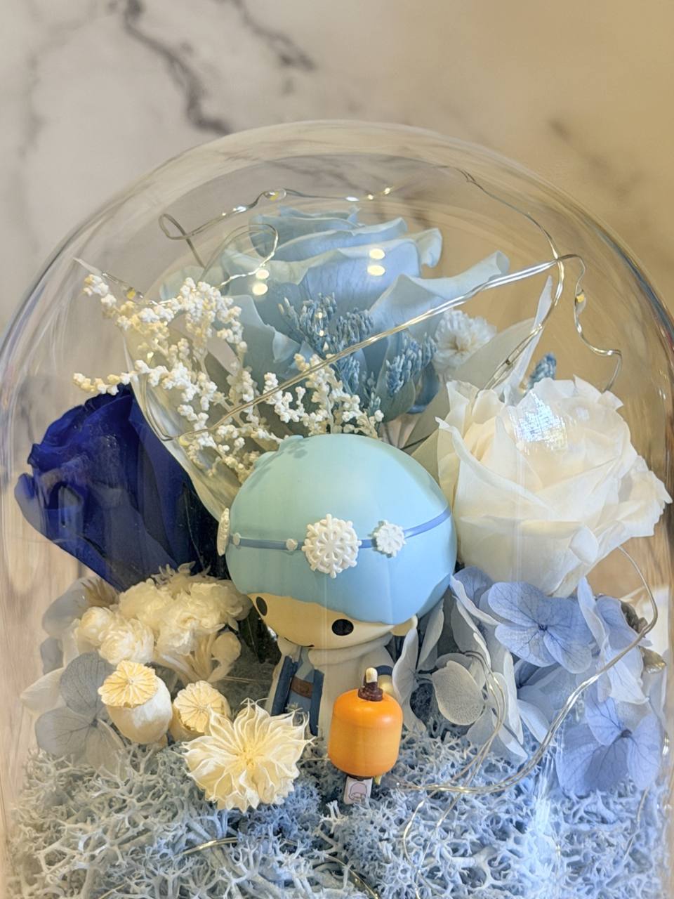 三麗鷗雙子星KiKi永生花雪天藍燈籠玻璃盅花禮