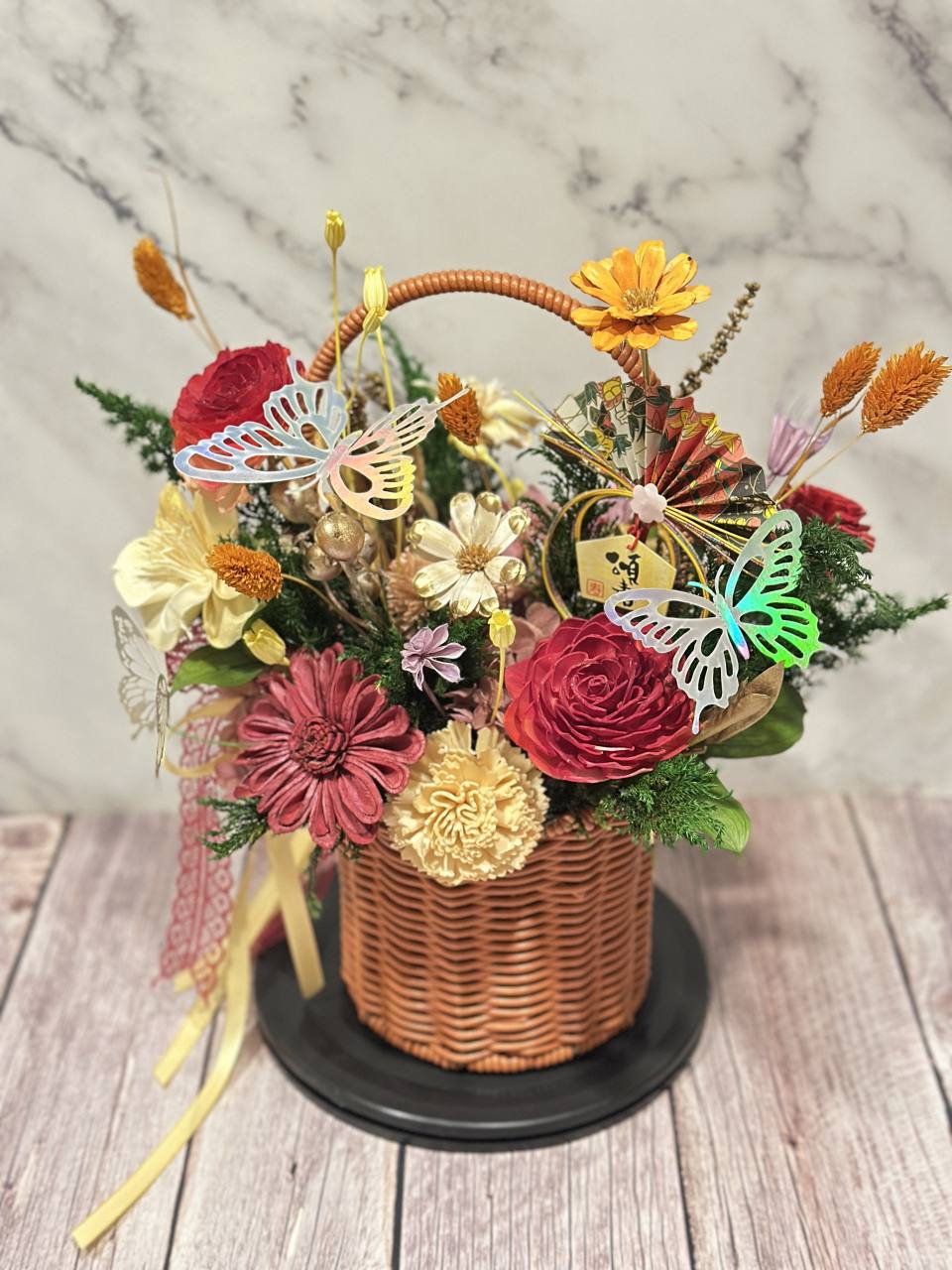 年節送禮 永生索拉花迎春蝴蝶飛舞緞帶提籃-實拍圖片