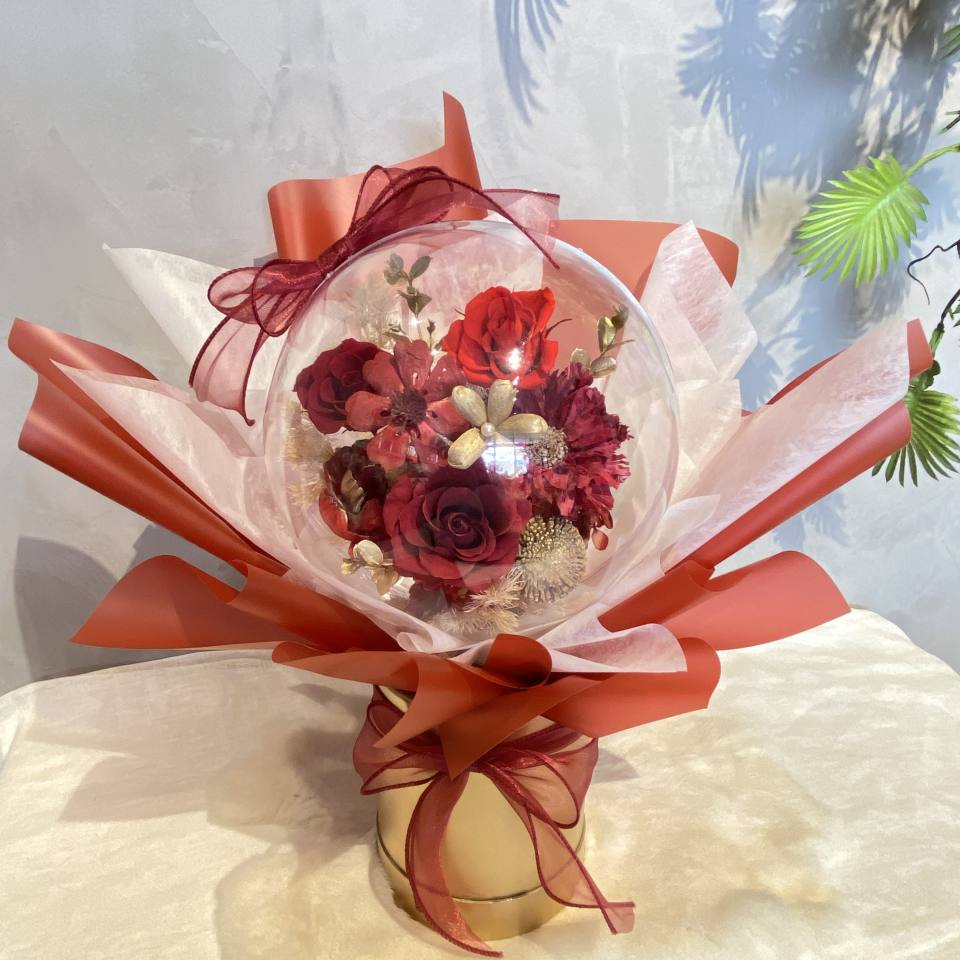 波波球永生花-紅(底部可私訊加購金色盒子，如照片)-實拍圖片