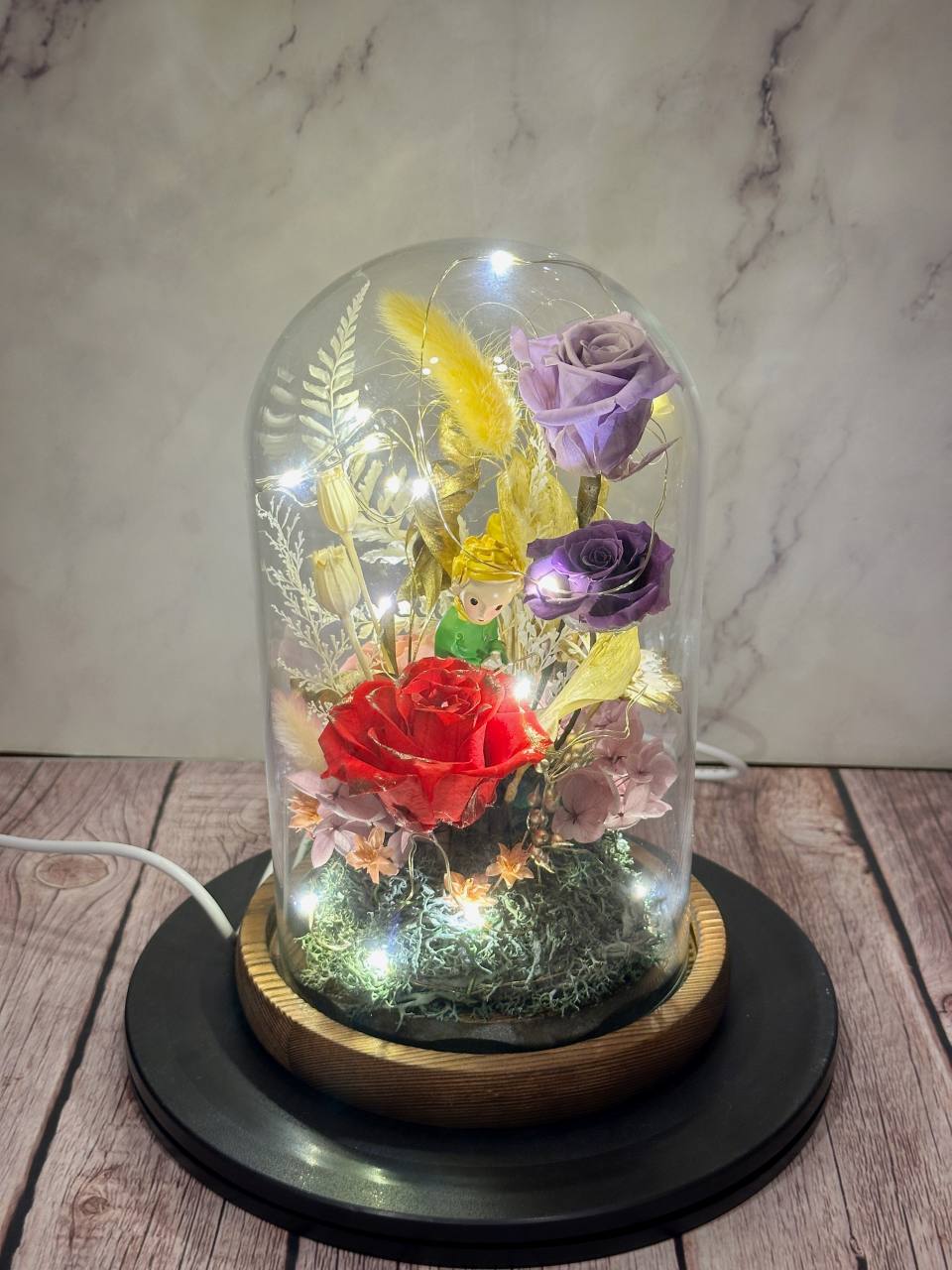 小王子與紅玫瑰永生玫瑰玻璃罩小夜燈