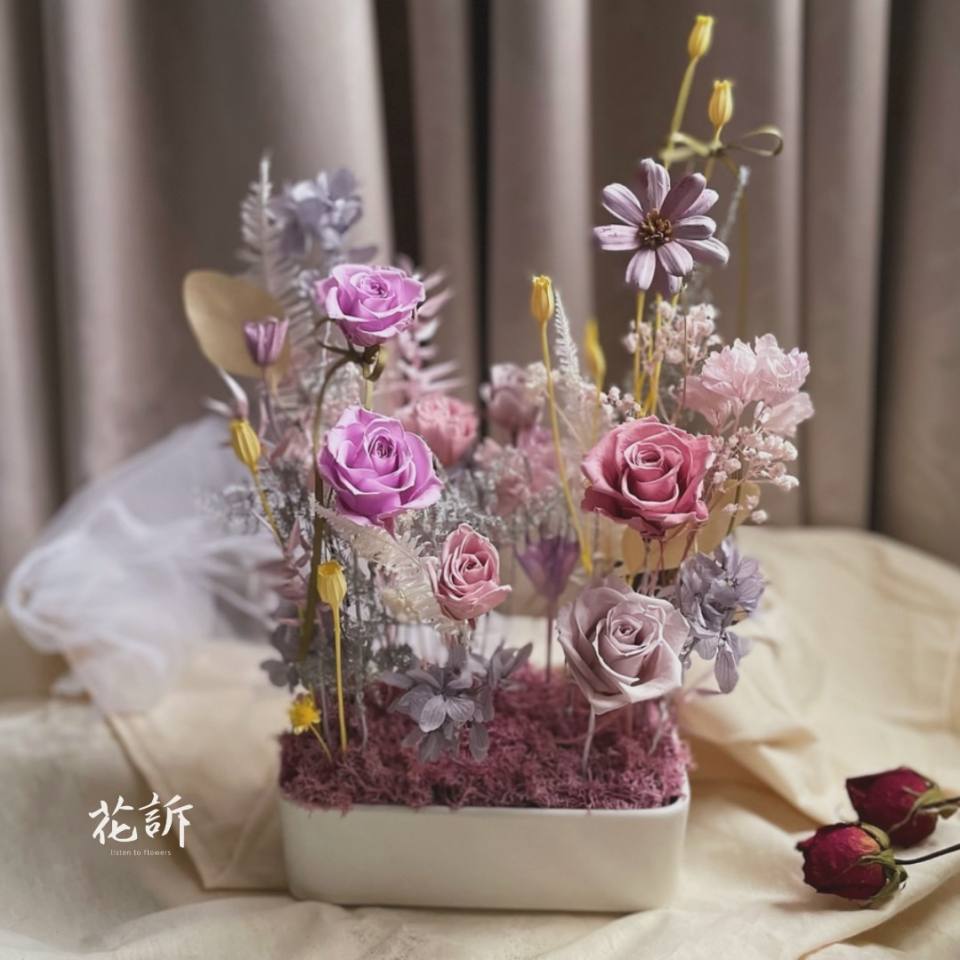 【永生花禮】粉紫系永生玫瑰桌花-永生花花禮/開幕桌花/祝賀花禮