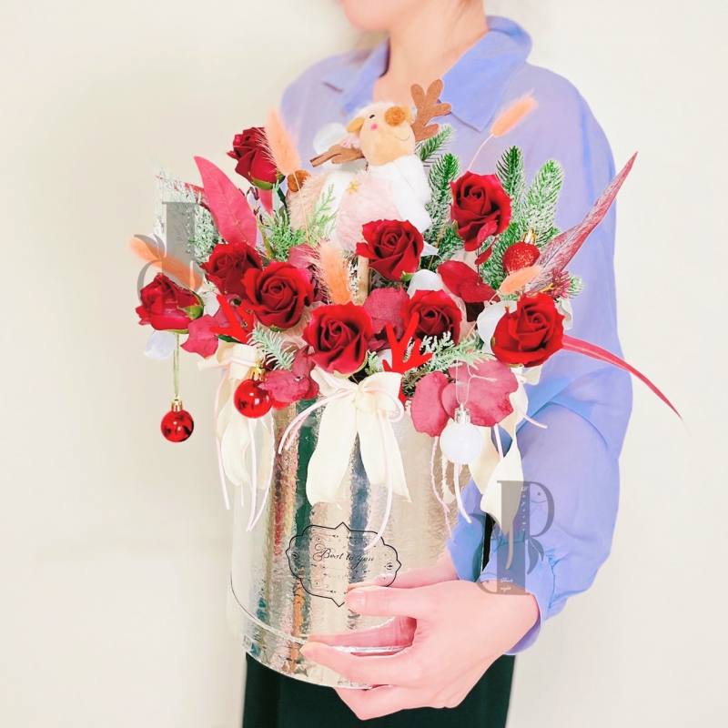 聖誕節系列 銀色抱抱桶_麋鹿花園款 - 紅色-實拍圖片