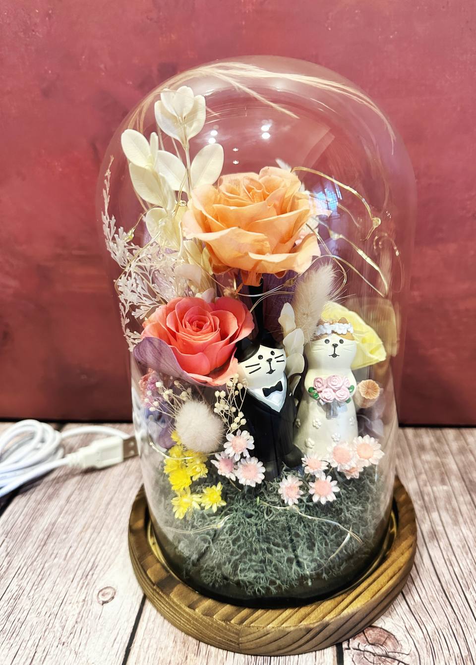 新婚公仔永生花花卉玻璃鐘罩小夜燈-實拍圖片