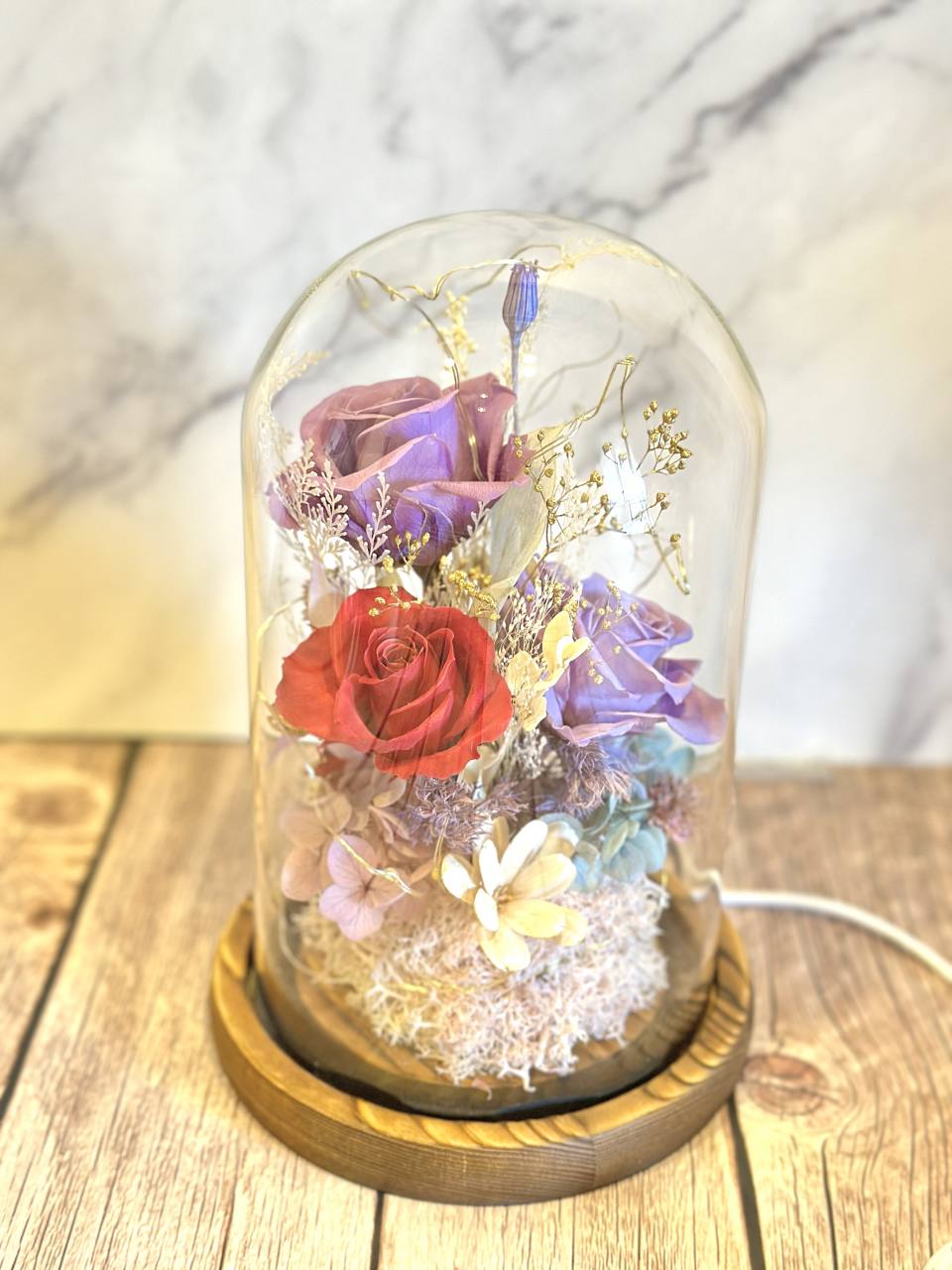 客製化花卉玻璃鐘罩 USB 小夜燈-實拍圖片