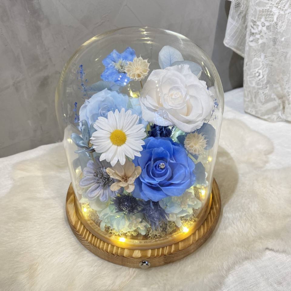 藍白永生花夜燈玻璃盅