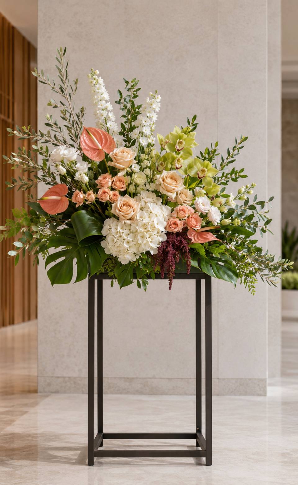 典雅高架花籃｜粉橘玫瑰百合繡球開幕祝賀花禮