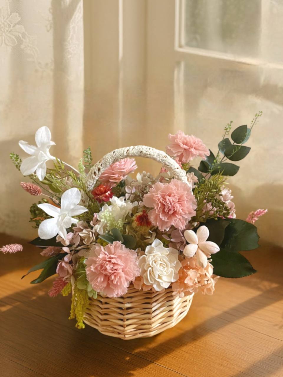 【永生花禮】杏桃康乃馨永生花籃/母親節花禮/開幕花禮/升遷花禮
